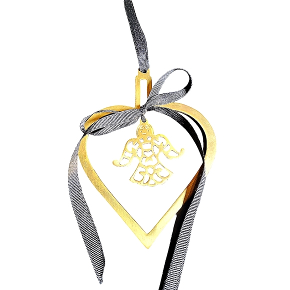 Vintage Brass Heart With Center Angel & Black Ribbon Christmas Ornament 6"X4.5" - Picture 5 of 9